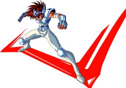Rule 34 | 1boy, absurdres, armor, brown hair, clenched hands, highres, pegasus seiya, red eyes, saint seiya, shoulder armor, simple background, tagme, white background