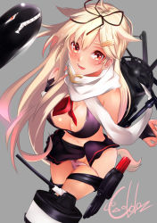 Rule 34 | 10s, 1girl, absurdres, alternate costume, bare shoulders, bikini, bikini skirt, black bikini, blonde hair, breasts, cannon, cekonikova, fingerless gloves, from above, gloves, gradient hair, grey background, hair between eyes, hair flaps, hair ornament, hairclip, highres, kantai collection, long hair, looking at viewer, medium breasts, midriff, multicolored hair, navel, open mouth, panties, panty pull, pink panties, red eyes, red hair, scarf, shiny skin, simple background, solo, straight hair, swimsuit, torpedo, underwear, white scarf, yuudachi (kancolle), yuudachi kai ni (kancolle)