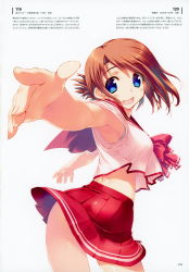 Rule 34 | 1girl, absurdres, amazuyu tatsuki, armpits, blue eyes, blush, breasts, brown hair, clothes lift, cowboy shot, highres, komaki manaka, looking at viewer, medium breasts, open mouth, page number, pleated skirt, scan, school uniform, short hair, short sleeves, simple background, skirt, solo, to heart (series), to heart 2