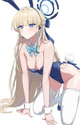 Rule 34 | 1girl, all fours, bare shoulders, blonde hair, blue archive, blue eyes, blue leotard, bow, bowtie, hair ornament, halo, leotard, playboy bunny, rabbit hair ornament, sauvignon, solo, thighhighs, toki (blue archive), white thighhighs, wrist cuffs