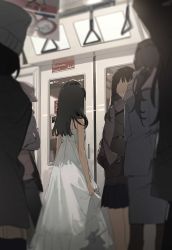 Rule 34 | 5girls, absurdres, arms at sides, bare shoulders, black hair, blurry, blurry foreground, door, dress, from behind, highres, indoors, long hair, multiple girls, original, solo focus, standing, train interior, white dress, zhibuji loom