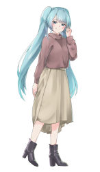 Rule 34 | 1girl, absurdres, aqua hair, black footwear, blush, boots, brown skirt, commentary request, hatsune miku, highres, long hair, long skirt, long sleeves, looking at viewer, simple background, skirt, smile, solo, twintails, very long hair, vocaloid, white background, yumoto motoyu