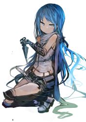 Rule 34 | 1girl, absurdres, alternate costume, blue eyes, blue hair, expressionless, highres, holding, holding weapon, kaamin (mariarose753), kantai collection, kunai, long hair, looking at viewer, ninja, samidare (kancolle), shorts, simple background, sleeveless, solo, squatting, swept bangs, very long hair, weapon, white background