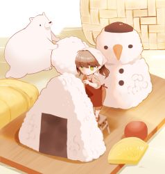 Rule 34 | 1girl, apron, basket, bear, carrot, chai (drawingchisanne), closed mouth, commentary, food, food focus, green eyes, onigiri, original, pineapple, pineapple slice, polar bear, red apron, rolling, short hair, signature, sleeves rolled up, smile, snowman, solo, standing, tomato, wooden stool