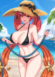 Rule 34 | 1girl, absurdres, azur lane, beach, bikini, black bikini, black ribbon, blush, breasts, cleavage, collarbone, commentary, commission, cowboy shot, day, english commentary, eyewear on head, hair ornament, hat, highres, holding, holding hose, honolulu (azur lane), honolulu (summer accident?!) (azur lane), hose, kanta (kanta 077), large breasts, long hair, looking at viewer, midriff, navel, nose blush, ocean, open mouth, outdoors, palm leaf, red hair, ribbon, sand, solo, standing, star (symbol), star hair ornament, starfish, stomach, straw hat, sunglasses, sunglasses on head, swimsuit, teeth, thighs, upper teeth only, very long hair, water