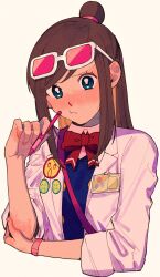 Rule 34 | 1girl, ace attorney, aqua eyes, badge, beachricefield, blue vest, blush, bow, bowtie, brown hair, button badge, buttons, coat, collared shirt, cropped torso, double-breasted, ema skye, ema skye (aa1), eyewear on head, hand up, highres, holding, holding pen, lapels, long hair, looking at viewer, name tag, open clothes, open coat, pen, phoenix wright: ace attorney, pink-tinted eyewear, pink shirt, red bow, red bowtie, shirt, shoulder strap, simple background, sleeves rolled up, solo, swept bangs, tinted eyewear, topknot, upper body, vest, watch, white-framed eyewear, white background, white coat, wristwatch