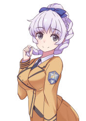 Rule 34 | 1girl, blazer, bow, braid, breasts, collared shirt, full metal panic!, grey eyes, hair bow, highres, holding, holding own hair, jacket, ling ling ling, long sleeves, looking at viewer, medium breasts, military, military uniform, necktie, ponytail, shirt, silver hair, simple background, single braid, skirt, smile, solo, teletha testarossa, uniform, upper body, white background