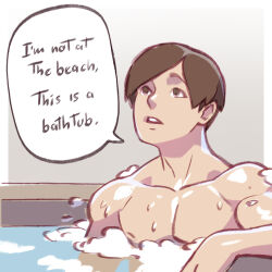 Rule 34 | 1boy, bathtub, brown eyes, brown hair, bubble, commentary, english commentary, english text, i&#039;m not at the beach this is a bathtub (meme), kajin (kajinman), leon s. kennedy, male focus, meme, partially submerged, resident evil, solo, water