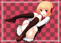 Rule 34 | 1girl, :d, ahoge, ascot, black legwear, blonde hair, border, checkered background, commentary, dress shirt, fang, frills, full body, hair ribbon, hugging own legs, knees together feet apart, legs, loafers, long sleeves, looking at viewer, lying, on back, open mouth, panties, pantyshot, petticoat, red ascot, red background, red eyes, red ribbon, ribbon, rumia, sh (shinh), shirt, shoes, short hair, simple background, skirt, skirt set, smile, solo, touhou, underwear, upskirt, white panties, white shirt