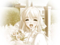 Rule 34 | 1girl, aqua eyes, blonde hair, blush, elbow gloves, flower, game cg, gloves, hime, hime to, hime to boin, monochrome, open mouth, outdoors, princess juliette, sano toshihide, solo, tagme, tiara