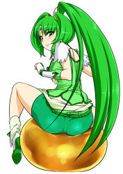 Rule 34 | 10s, 1girl, ass, ball, bike shorts, bike shorts under skirt, braid, cure march, dress, exercise ball, from behind, green dress, green eyes, green shorts, green skirt, green theme, grey hair, high heels, long hair, looking at viewer, looking back, midorikawa nao, namidame, pantylines, precure, shoes, shorts, shorts under skirt, simple background, sitting, skirt, smile, smile precure!, solo, thighs, twintails, very long hair