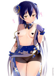 Rule 34 | 1girl, absurdres, bike shorts, black jacket, black shorts, blue hair, blush, breasts, bun cover, cameltoe, china dress, chinese clothes, cleft of venus, commentary request, detached collar, double bun, dress, fingerless gloves, gloves, hair between eyes, hair bun, heart pasties, heartbeat, highres, jacket, kazepana, long hair, looking at viewer, love live!, love live! school idol festival, love live! school idol project, no bra, open clothes, pasties, see-through, shorts, side slit, simple background, small breasts, solo, sonoda umi, swept bangs, white background, yellow eyes