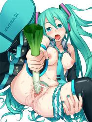 Rule 34 | 1girl, anus, aqua eyes, aqua hair, blush, boots, breasts, censored, detached sleeves, female masturbation, hatsune miku, large breasts, long hair, masturbation, necktie, nipples, object insertion, open clothes, open mouth, open shirt, panties, panties around leg, pointless censoring, pussy, pussy juice, saliva, shirt, shuusaku (shoh), simple background, skirt, skirt around one leg, solo, spring onion, striped clothes, striped panties, sweat, thigh boots, thighhighs, twintails, underwear, vaginal, vaginal object insertion, very long hair, vocaloid, white background