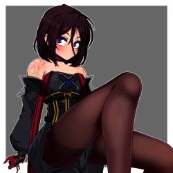 Rule 34 | black dress, black hair, chain, dress, dungeon and fighter, female priest (dungeon and fighter), gloves, grey background, looking at viewer, mistress (dungeon and fighter), pantyhose, purple eyes, red gloves, seams, short hair, sitting, sss (komojinos3), tattoo