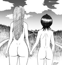 Rule 34 | 2girls, armpits, arms at sides, ass, back, backboob, black hair, bleach, breasts, completely nude, curvy, dated, day, dimples of venus, female focus, fingernails, friends, from behind, height difference, highres, holding hands, huge ass, inoue orihime, kuchiki rukia, legs, long hair, medium hair, monochrome, multiple girls, nature, neck, nude, nudist, orange hair, outdoors, parted bangs, shoulder blades, sidelocks, signature, sketch, sky, small breasts, standing, thigh gap, thighs, unworn clothes, walkingdeadmann