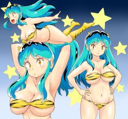 Rule 34 | 1girl, animal print, bikini, blue hair, blue nails, boots, breasts, cone horns, floating, from side, highres, horns, knee boots, large breasts, long hair, looking at viewer, lum, midair, nail polish, oni, pointy ears, print footwear, solo, star (symbol), strapless, strapless bikini, swimsuit, tiger print, tof, underboob, undersized clothes, urusei yatsura, yellow bikini, yellow eyes