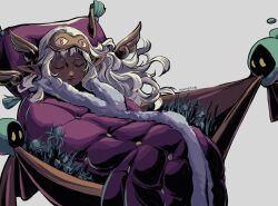 Rule 34 | 1boy, blanket, blunt bangs, closed eyes, commentary, crossover, curly hair, cushion, dark-skinned male, dark skin, dungeon meshi, elf, english commentary, floating, fur trim, grass, grey background, hades (series), hades 2, highres, hypnos (hades), lifting person, long hair, mapletine, mask, mask on head, plant, pointy ears, sidelocks, signature, sleep mask, sleeping, thistle (dungeon meshi), white hair, wings, yellow eyes
