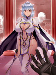 Rule 34 | 1girl, black gloves, breasts, cape, center opening, cleavage, detached sleeves, elf, gloves, highres, indoors, large breasts, looking at viewer, navel, no panties, original, pelvic curtain, pointy ears, red eyes, solo, switch01, thighhighs, white cape, white thighhighs, wide sleeves