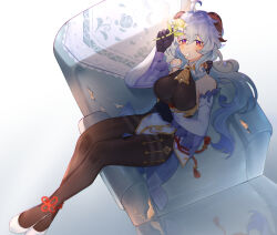 Rule 34 | 1girl, ahoge, bell, black gloves, black leotard, black pantyhose, blue hair, bodystocking, breasts, broken furniture, chinese knot, couch, cowbell, detached collar, detached sleeves, eating flower, flower, flower knot, full body, ganyu (genshin impact), genshin impact, gloves, goat horns, gold trim, gradient background, gradient eyes, hair between eyes, hand on own stomach, hand up, highres, holding, holding flower, horns, large breasts, leotard, leotard under clothes, long hair, multicolored eyes, neck bell, on couch, pantyhose, purple eyes, qingxin flower, red eyes, reflection, sidelocks, sitting sideways, skirt, solo, thighlet, white background, white footwear, white skirt, white sleeves, wide sleeves, yaner 10