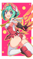 1girl ass azure_striker_gunvolt bare_shoulders blue_eyes blush breasts cougar_(cougar1404) from_behind gloves green_hair headgear leotard looking_at_viewer looking_back open_mouth orange_outline outline outside_border roro_(gunvolt) shiny_clothes shiny_skin short_hair sideboob smile solo thighhighs wedgie white_thighhighs