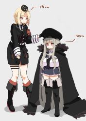 Rule 34 | 2girls, absurdly long hair, absurdres, blonde hair, blush, boots, brown eyes, cape, girls&#039; frontline, grey hair, hat, height, height difference, highres, kar98k (girls&#039; frontline), knee boots, long hair, medium hair, mp40 (girls&#039; frontline), multiple girls, red eyes, sidelocks, sweatdrop, thigh boots, thighhighs, toryu fufu, very long hair