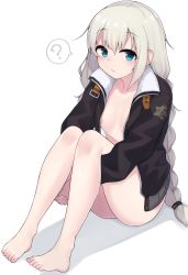 Rule 34 | 1girl, :/, ?, areola slip, barefoot, black jacket, blue eyes, blush, bottomless, braid, breasts, coat, full body, highres, jacket, kizuna akari, knees up, long hair, long sleeves, naked coat, no bra, open clothes, open jacket, own hands together, paingumi, silver hair, simple background, sitting, small breasts, solo, speech bubble, spoken question mark, twin braids, very long hair, voiceroid, white background