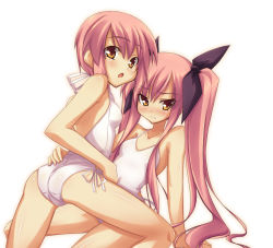 Rule 34 | 2girls, ass, blush, bow, breasts, incest, kousaka alice, kousaka maria, long hair, multiple girls, one-piece swimsuit, pink hair, shimakaze (soundz of bell), short hair, siblings, sisters, small breasts, suigetsu, swimsuit, thighs, twins, twintails, yellow eyes, yuri