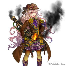 Rule 34 | 1girl, belt, boots, candy, coat, company name, corset, cross, dress, earrings, eyebrows, fire, flower, food, frilled dress, frills, gloves, goggles, goggles on headwear, gradient hair, hair between eyes, hat, holding, jewelry, lollipop, long hair, madogawa, multicolored hair, official art, open mouth, pantyhose, pink eyes, pink hair, plaid, plaid skirt, purple hair, ribbon, sengoku gensoukyoku, simple background, skirt, smoke, solo, steampunk, tongue, tongue out, very long hair, white background, yellow gloves, yellow pantyhose