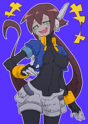 Rule 34 | 1girl, absurdres, aile (mega man zx), black bodysuit, blue background, blue jacket, blush, bodysuit, breasts, brown hair, buzzlyears, covered navel, cropped jacket, fang, glowing, green eyes, highres, jacket, long hair, looking at viewer, medium breasts, mega man (series), mega man zx, mega man zx advent, open clothes, open jacket, ponytail, robot ears, shorts, simple background, skin fang, smug, solo, white shorts