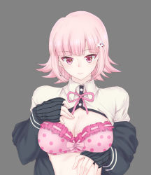 Rule 34 | 1girl, blunt bangs, bra, breasts, cleavage, closed mouth, collared shirt, commentary request, danganronpa (series), danganronpa 2: goodbye despair, dress shirt, flipped hair, frilled bra, frills, galaga, grey background, hair ornament, hands up, highres, large breasts, light brown hair, long sleeves, looking at viewer, medium hair, nanami chiaki, neck ribbon, off shoulder, open clothes, partially unbuttoned, pink bra, pink eyes, pink ribbon, polka dot, polka dot bra, ribbon, shirt, short hair, simple background, solo, underwear, upper body, white shirt, xuni guodu (calrxaqp)
