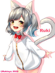 Rule 34 | 1girl, :d, absurdres, animal ear fluff, animal ears, blush, bow, bowtie, brown eyes, cat ears, cat girl, cat tail, collared shirt, colored shadow, commentary request, cowboy shot, dress shirt, drop shadow, grey hair, highres, long hair, long sleeves, looking at viewer, open mouth, original, pink sailor collar, puffy long sleeves, puffy sleeves, red bow, red bowtie, round teeth, rukinya (nyanko mogumogu), sailor collar, shadow, shirt, sleeves past wrists, smile, solo, standing, tail, tail raised, teeth, twintails, twitter username, upper teeth only, white background, white shirt