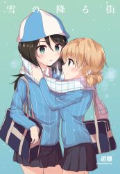 Rule 34 | 10s, 2girls, aki (girls und panzer), artist name, bag, blue hat, blue shirt, breath, brown eyes, brown hair, carrying, closed mouth, commentary request, couple, dress shirt, from side, girls und panzer, green background, green eyes, grey skirt, hair tie, hat, keizoku school uniform, light brown hair, light smile, long hair, long sleeves, looking at another, mika (girls und panzer), miniskirt, multiple girls, parted lips, pleated skirt, scarf, school bag, school uniform, shared clothes, shared scarf, shirt, short hair, short twintails, skirt, standing, striped clothes, striped shirt, translation request, twintails, vertical-striped clothes, vertical-striped shirt, white scarf, white shirt, yuri, yuuri (orz commushows)