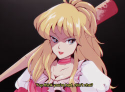 Rule 34 | 1girl, anime coloring, bad girl, baseball bat, blonde hair, blood, bloody weapon, blue eyes, breasts, choker, cleavage, commentary, fake screenshot, hanpetos, large breasts, long hair, no more heroes, parted lips, pink choker, ponytail, portrait, puffy sleeves, red lips, solo, striped, striped choker, subtitled, weapon