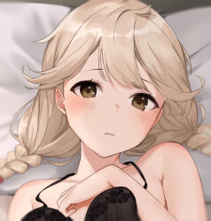 Rule 34 | 1girl, black bra, blonde hair, bra, braid, brown eyes, closed mouth, faye (fire emblem), fire emblem, fire emblem echoes: shadows of valentia, from above, frown, haru (nakajou-28), long hair, looking at viewer, low twintails, lying, nintendo, on back, pillow, portrait, solo, strap gap, twin braids, twintails, underwear