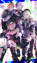 adjusting_eyewear aoyagi_touya azusawa_kohane belt belt_collar black_hat black_nails boots collar curtained_hair ear_piercing earrings fingerless_gloves fishnets fur-trimmed_jacket fur_trim gloves half_gloves hat hatsune_miku highres hiyori_(fabulist) jacket jewelry long_sleeves middle_finger multicolored_hair off-shoulder_jacket off_shoulder official_alternate_costume official_alternate_hairstyle over_rad_squad!!_(project_sekai) piercing project_sekai shinonome_akito shiraishi_an shorts spaghetti_strap split-color_hair streetwear sunglasses tongue tongue_out two-tone_hair vivid_bad_squad_(project_sekai) vivid_bad_squad_miku wolf_cut