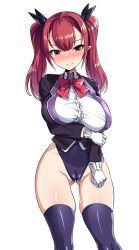 Rule 34 | 1girl, black thighhighs, blush, bow, bowtie, breasts, cameltoe, cleft of venus, covered navel, gloves, gluteal fold, harigane shinshi, highres, leotard, looking at viewer, original, pointy ears, red eyes, red hair, smile, thighhighs, transparent background, twintails, white gloves