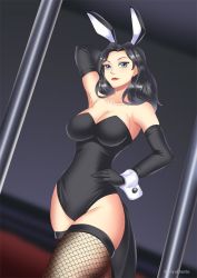 Rule 34 | 1girl, alternate costume, animal ears, arm up, bare shoulders, black gloves, black hair, black leotard, blue eyes, breasts, rabbit ears, playboy bunny, cleavage, closed mouth, collarbone, crossed legs, dc comics, dutch angle, elbow gloves, fake animal ears, female focus, fishnet legwear, fishnets, gloves, hand on own hip, haryudanto, indoors, large breasts, crossed legs, leotard, lips, lipstick, long hair, makeup, neck, red lips, solo, standing, strapless, strapless leotard, watson cross, wrist cuffs, zatanna zatara