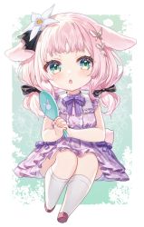 Rule 34 | 1girl, :o, age regression, aged down, animal ears, animal print, bare arms, bare shoulders, black bow, blunt bangs, blush, bow, butterfly hair ornament, dress, flower, frilled dress, frills, green eyes, hair bow, hair flower, hair ornament, hand mirror, highres, kneehighs, long hair, looking at viewer, low twintails, mirror, open mouth, pink hair, purple bow, purple dress, rabbit ears, rabbit girl, rabbit print, rabbit tail, raised eyebrows, red footwear, sitting, sleeveless, sleeveless dress, socks, solo, tail, tsukito hana, twintails, virtual youtuber, wactor production, white flower, yuya (night lily)