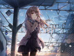 Rule 34 | 1girl, arrow (symbol), black pantyhose, black serafuku, black shirt, black skirt, blue sky, blurry, blurry foreground, blush, breath, breathing on hands, brown eyes, brown hair, brown jacket, building, cloud, commentary request, dangmyo, day, depth of field, floating hair, fringe trim, grey scarf, hair ornament, hairclip, hands up, highres, jacket, long hair, looking at viewer, open clothes, open jacket, open mouth, original, outdoors, pantyhose, plaid, plaid scarf, pleated skirt, scarf, school uniform, serafuku, shirt, skirt, sky, snowing, solo, teeth, thighband pantyhose, train station, upper teeth only, winter