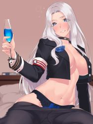 Rule 34 | 1girl, @ @, azur lane, black choker, black pantyhose, blue eyes, blue panties, blush, breasts, choker, clothes pull, commentary request, cup, drink, drinking glass, drunk, eyes visible through hair, gusset, highres, hikichi sakuya, holding, holding cup, large breasts, long hair, long sleeves, looking at viewer, midriff, navel, no bra, open clothes, panties, pantyhose, pantyhose pull, parted lips, silver hair, sitting, smile, solo, squeans, thighband pantyhose, underwear, very long hair, yorktown (azur lane)