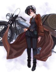 Rule 34 | 1girl, arms at sides, belt, belt pouch, black hair, black pants, blue eyes, boots, brown coat, buttons, closed mouth, coat, cross-laced footwear, double-breasted, female focus, full body, hair between eyes, hat, head tilt, highres, kaneni, kino (kino no tabi), kino no tabi, long coat, long sleeves, looking at viewer, motor vehicle, motorcycle, open clothes, open coat, pants, pigeon-toed, pouch, short hair, solo, standing, tomboy