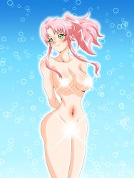 Rule 34 | 1girl, arms behind back, blue background, blush, breasts, censored, censored nipples, closed mouth, convenient censoring, glowing, gradient background, green eyes, highres, inabakun00, large breasts, long hair, looking away, navel, nude, original, pink hair, ponytail, rio (inaba), smile, solo, sparkle, standing