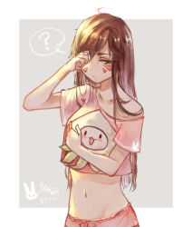 Rule 34 | 10s, 1girl, 2016, ?, animal print, bare shoulders, blush, blush stickers, brown eyes, brown hair, collarbone, cowboy shot, d.va (overwatch), dated, facepaint, facial mark, groin, hand up, holding, holding stuffed toy, long hair, midriff, navel, off shoulder, open mouth, overwatch, overwatch 1, pachimari, rabbit print, rubbing eyes, shirt, short shorts, short sleeves, shorts, signature, sleepy, solo, spoken question mark, stuffed animal, stuffed octopus, stuffed toy, swept bangs, whisker markings
