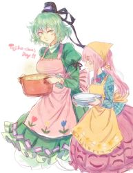 Rule 34 | 2girls, apron, arm garter, black hat, blue shirt, bow, bowtie, bubble skirt, cowboy shot, dress, english text, eyebrows, floral print, food, frilled dress, frilled sleeves, frills, ghost tail, green dress, green eyes, green hair, hair between eyes, hat, hata no kokoro, head scarf, height difference, holding, holding plate, holding pot, juliet sleeves, long sleeves, multiple girls, pink apron, pink bow, pink bowtie, pink eyes, pink hair, pink skirt, plaid, plaid shirt, plate, plate stack, ponytail, pot, puffy sleeves, shirt, short hair, sidelocks, simple background, skirt, smile, soga no tojiko, soup, terrajin, touhou, white background, yellow apron