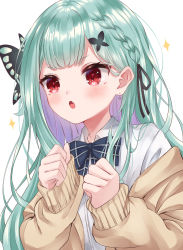Rule 34 | 1girl, :o, absurdres, black ribbon, blue bow, blue bowtie, blush, bow, bowtie, braid, brown jacket, butterfly hair ornament, collared shirt, colored inner hair, commentary request, earrings, fang, green hair, hair behind ear, hair ornament, hair ribbon, heart, heart earrings, highres, hololive, jacket, jewelry, karashi (asarikarasi), long sleeves, looking away, multicolored hair, open mouth, purple hair, red eyes, ribbon, shirt, simple background, skin fang, sleeves past wrists, solo, sparkle, upper body, uruha rushia, uruha rushia (school uniform), virtual youtuber, white background, white shirt