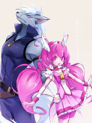 Rule 34 | 10s, 1boy, 1girl, bad id, bad pixiv id, belt, bike shorts, bow, cure happy, dress, furry, furry male, head wings, height difference, hoshizora miyuki, long hair, magical girl, mnr unk, outstretched arms, pink bow, pink dress, pink eyes, pink hair, pink shorts, pink skirt, precure, shorts, shorts under skirt, skirt, smile, smile precure!, spread arms, tiara, twintails, werewolf, white background, white hair, wings, wolfrun, wrist cuffs
