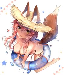 Rule 34 | 1girl, animal ear fluff, animal ears, bikini, blue bikini, blush, breasts, cleavage, collarbone, commentary request, ears through headwear, fate (series), fox ears, fox girl, fox tail, from above, full body, hair between eyes, hat, highres, innertube, kneeling, large breasts, leaning forward, long hair, looking at viewer, looking up, open mouth, pink hair, side-tie bikini bottom, simple background, soles, solo, star (symbol), straw hat, swim ring, swimsuit, tail, tamamo (fate), tamamo no mae (fate/extra), tamamo no mae (swimsuit lancer) (fate), transparent, untied bikini, usagihime, water drop, yellow eyes