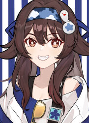 Rule 34 | 1girl, blue shirt, brown eyes, brown hair, camouflage hairband, flower-shaped pupils, genshin impact, ghost hair ornament, grin, hairband, highres, hu tao (genshin impact), long hair, looking at viewer, off-shoulder shirt, off shoulder, portrait, shirt, sidelocks, smile, solo, striped background, striped clothes, striped shirt, sunglasses, symbol-shaped pupils, tentaizukan, unworn eyewear, vertical-striped clothes, vertical-striped shirt, white shirt