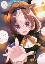 Rule 34 | 1girl, ahoge, animal ears, artist name, ascot, black dress, brown hair, charpaaa, commentary, dress, ear covers, english commentary, foreshortening, frilled sleeves, frills, frown, ghost, halloween, halloween costume, hat, highres, horse ears, horse girl, jack-o&#039;-lantern ornament, juliet sleeves, long sleeves, looking at viewer, medium hair, meisho doto (dot-o&#039;-lantern) (umamusume), meisho doto (umamusume), multicolored hair, neck ribbon, night, official alternate costume, open mouth, orange hat, orange ribbon, outdoors, puffy sleeves, purple eyes, reaching, reaching towards viewer, ribbon, scared, signature, single ear cover, solo, tearing up, two-tone hair, umamusume, upper body, white ascot, white hair