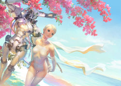 Rule 34 | 1girl, arms behind back, bare shoulders, beach, blonde hair, blue eyes, bodysuit, cherry blossoms, day, dutch angle, highres, light smile, ocean, original, outdoors, robot, short hair, sky, solo, takayama toshiaki, water